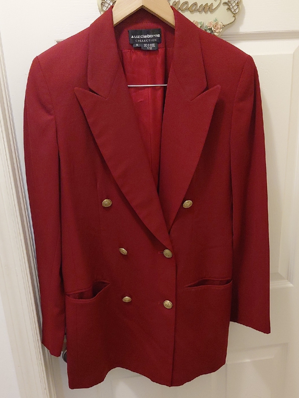 Liz Claiborne Deep Red Double-Breasted Blazer with Gold Buttons